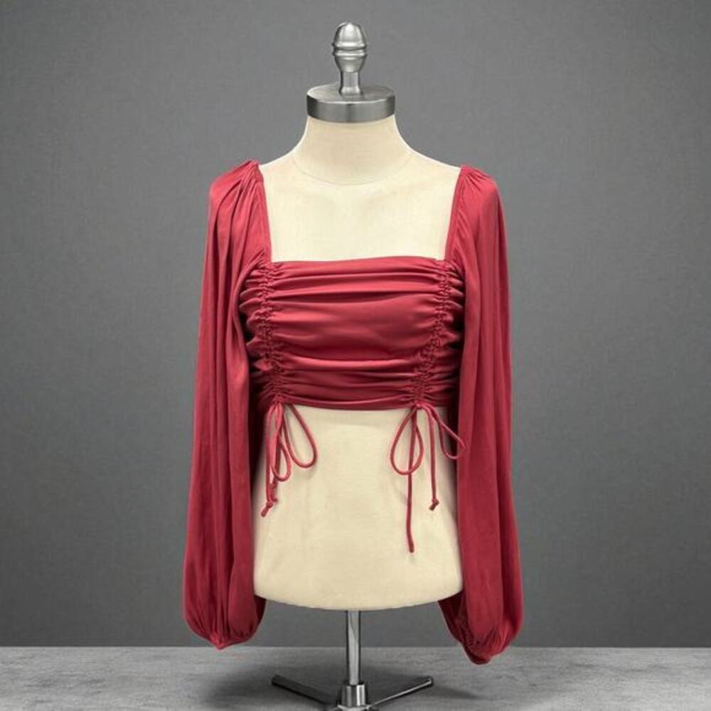Free People Ruched Crop Top Womens XS Red Excellent Long Balloon Sleeve Boho